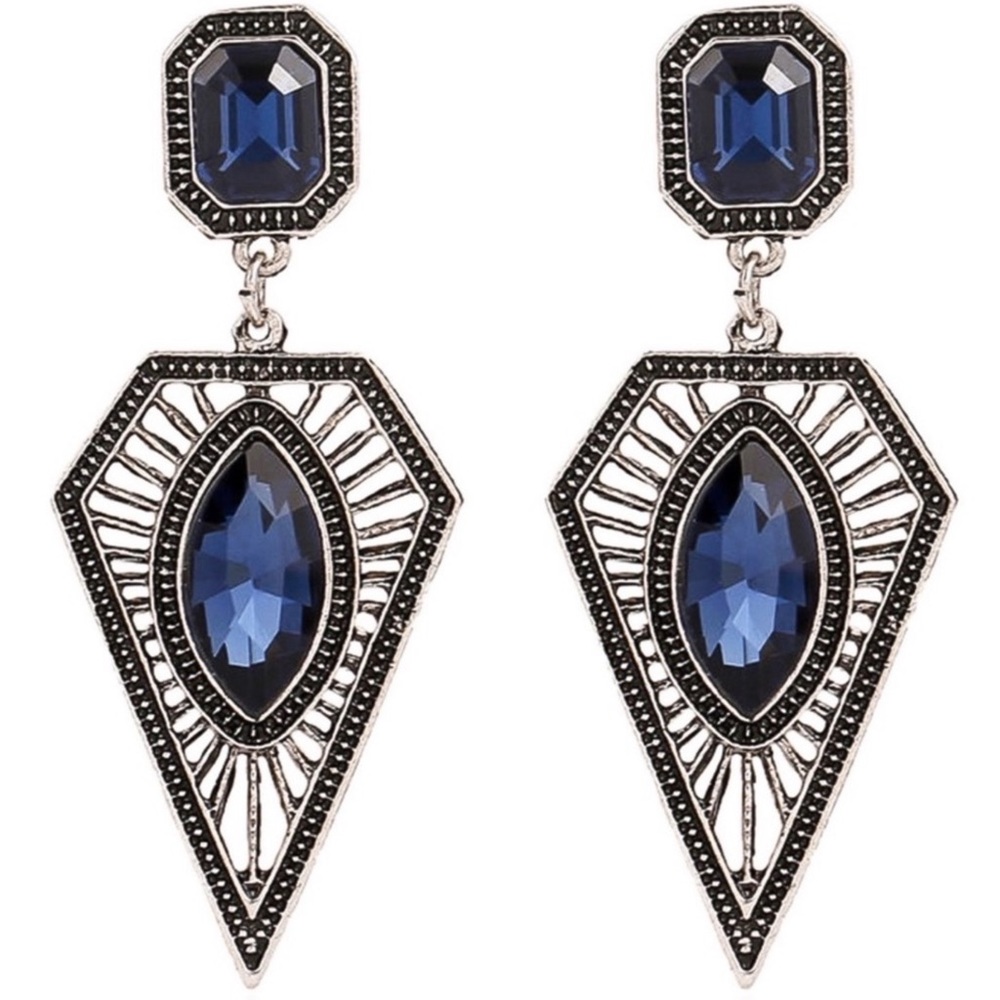 Vintage Silver Blue Gem Dangle Stud Earrings - Picture 4 of 8